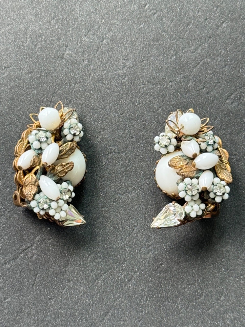 VINTAGE EUGENE Classic Pearl Crystal Milk Glass Earrings Floral Clip MCM